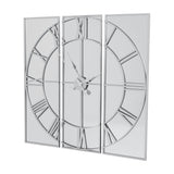 Hill Interiors Mirrored Round Wall Clock 112cm in silver, three-panel mirrored glass design with Roman numerals and skeleton frame, on a white background.