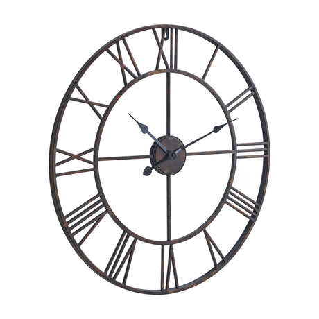 Hill Interiors Bronze Skeleton Wall Clock with open metal frame, Roman numerals around the outer ring and slim spokes, shown on a white background.
