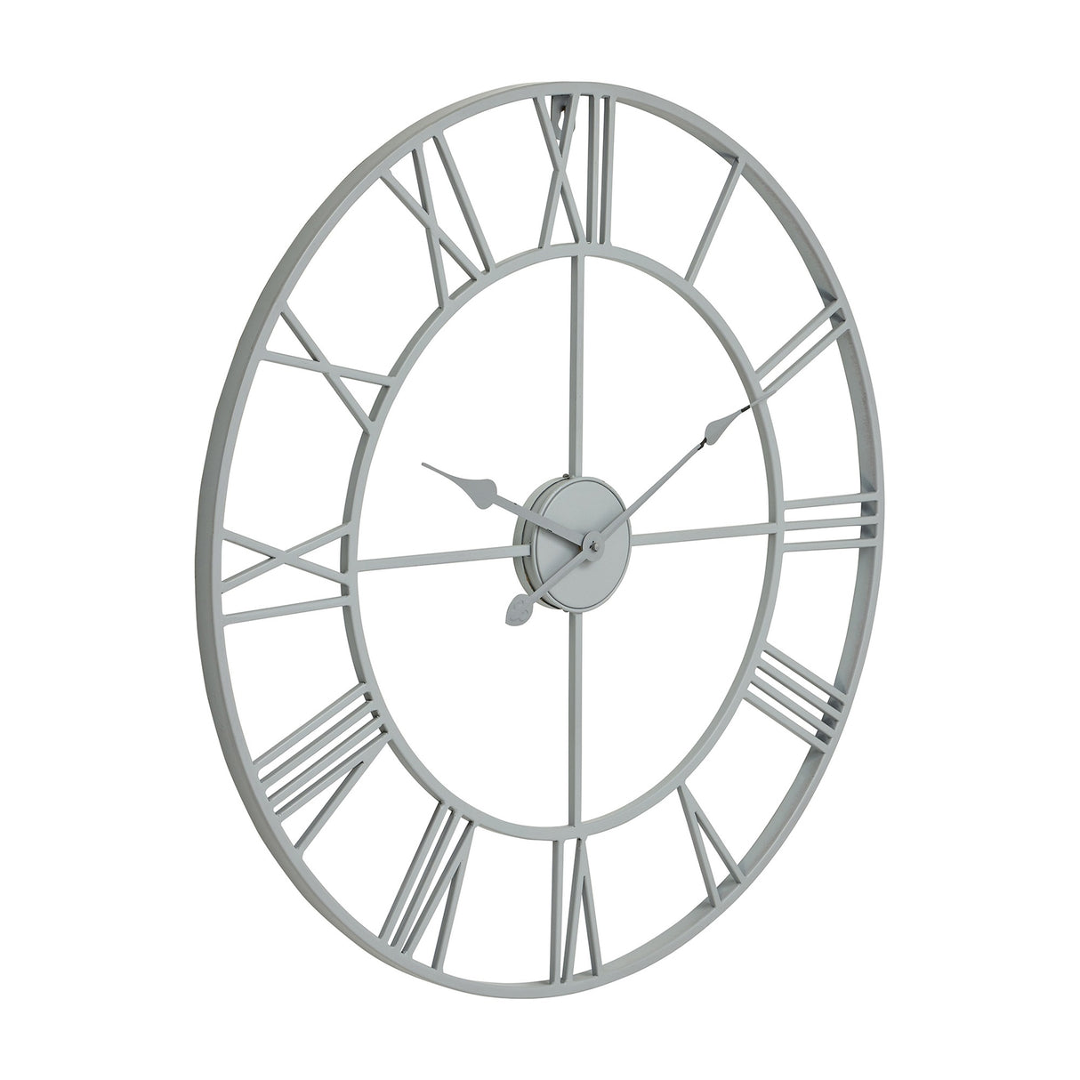 Hill Interiors Skeleton Wall Clock in grey, a round metal frame with open cut-out Roman numerals and slim hands, shown at an angle on a white background.