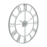 Hill Interiors Skeleton Wall Clock in grey, a round metal frame with open cut-out Roman numerals and slim hands, shown at an angle on a white background.