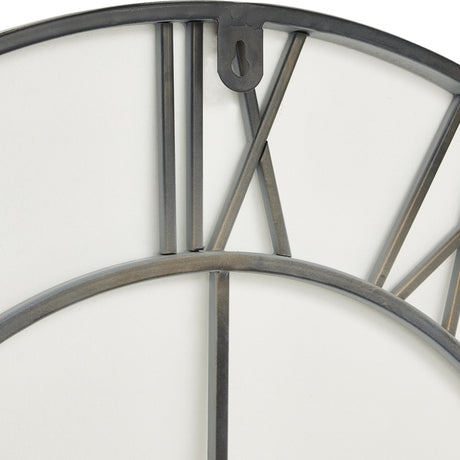 Close-up of the Hill Interiors Skeleton Wall Clock in grey, showing the metal frame edge, open spokes, and keyhole hanging bracket on a white background.
