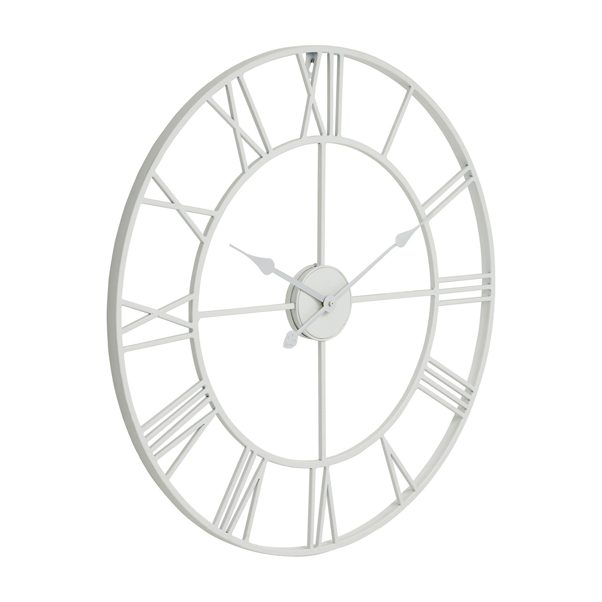 Hill Interiors White Skeleton Metal Wall Clock with cut-away Roman numeral face and slender hands, shown at an angle on a plain white background.