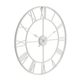 Hill Interiors White Skeleton Metal Wall Clock with cut-away Roman numeral face and slender hands, shown at an angle on a plain white background.