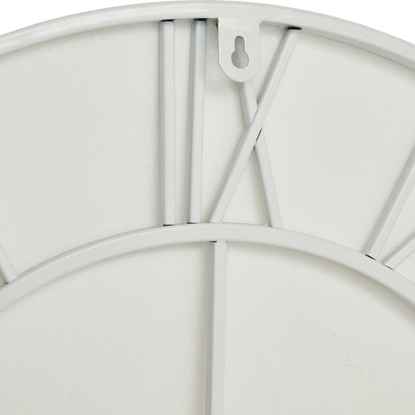 Close-up of the Hill Interiors White Skeleton Metal Wall Clock showing the white metal frame edge, slim bars and keyhole fixing on the reverse.