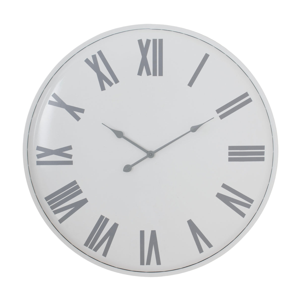 Hill Interiors Large Metal Wall Clock in white with grey Roman numerals and slender hands on a plain background.