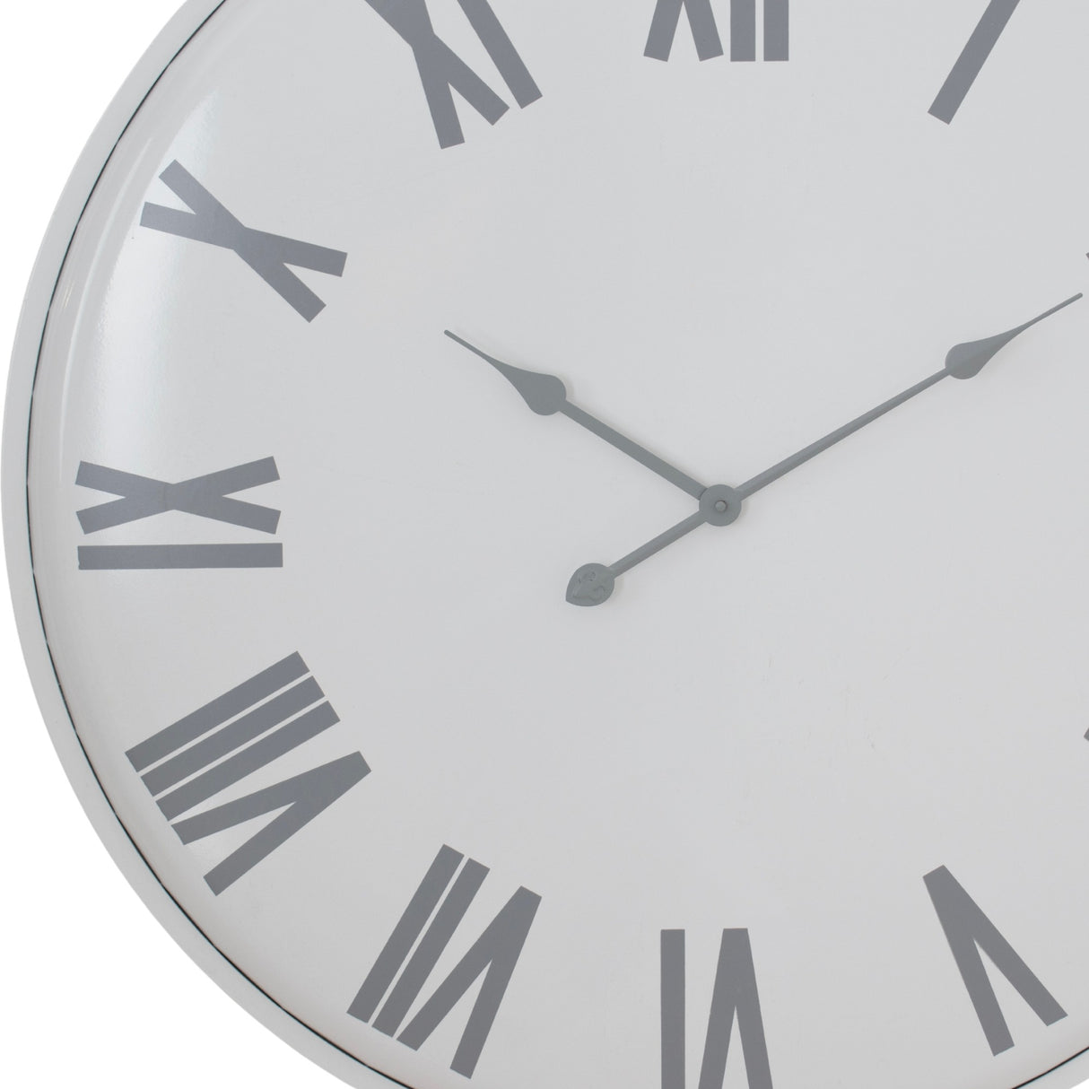 Close-up of the Hill Interiors Large Metal Wall Clock in white, showing grey Roman numerals and slender hands on the crisp dial.