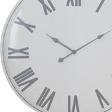 Close-up of the Hill Interiors Large Metal Wall Clock in white, showing grey Roman numerals and slender hands on the crisp dial.