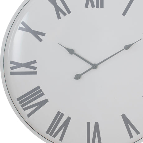 Close-up of the Hill Interiors Large Metal Wall Clock in white, showing grey Roman numerals and slender hands on the crisp dial.