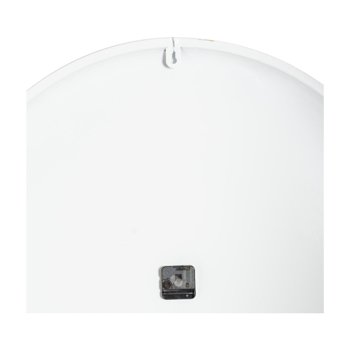 Rear view of the Hill Interiors Large Metal Wall Clock in white, showing the smooth back panel, hanging hook, and central quartz movement housing.