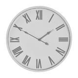 Hill Interiors white round metal wall clock with grey Roman numerals and slim hands on a crisp white dial, shown against a plain background.
