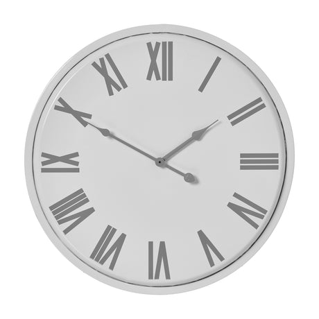 Hill Interiors white round metal wall clock with grey Roman numerals and slim hands on a crisp white dial, shown against a plain background.