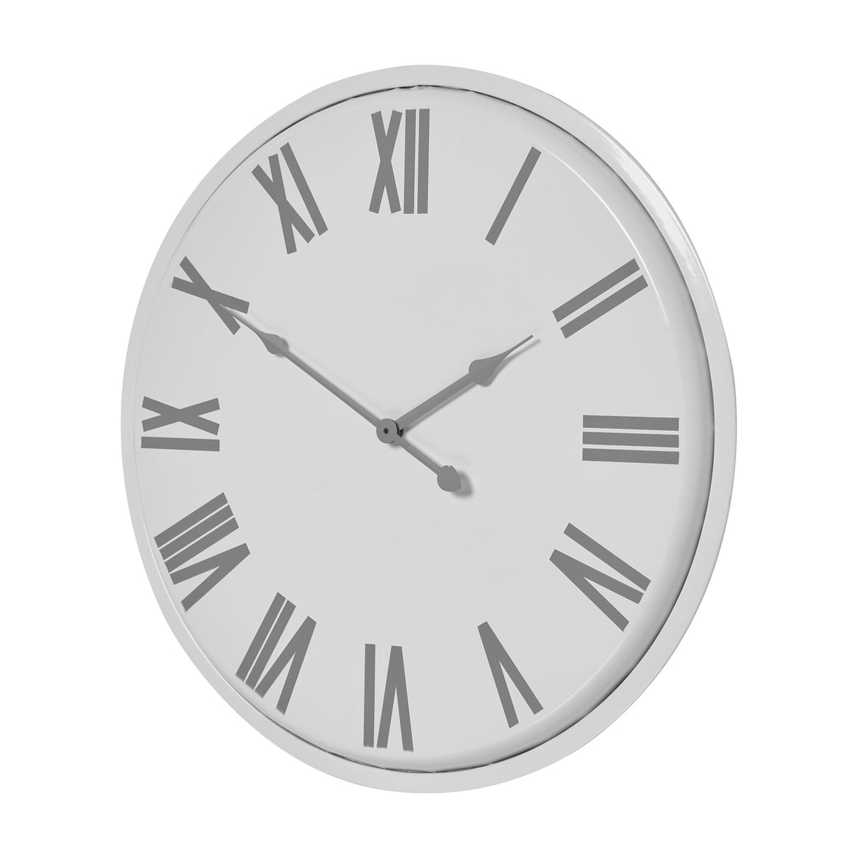 Hill Interiors white round metal wall clock with grey Roman numerals and slim hands, shown at an angle on a plain background.
