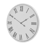 Hill Interiors white round metal wall clock with grey Roman numerals and slim hands, shown at an angle on a plain background.