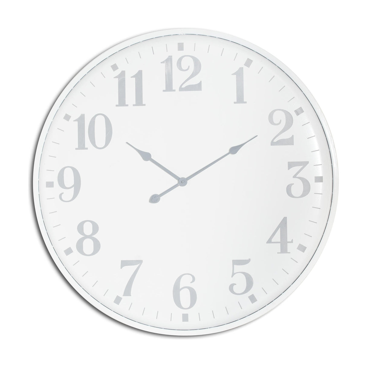 Hill Interiors large round metal wall clock in white with grey numerals and slim hands, shown against a plain background.
