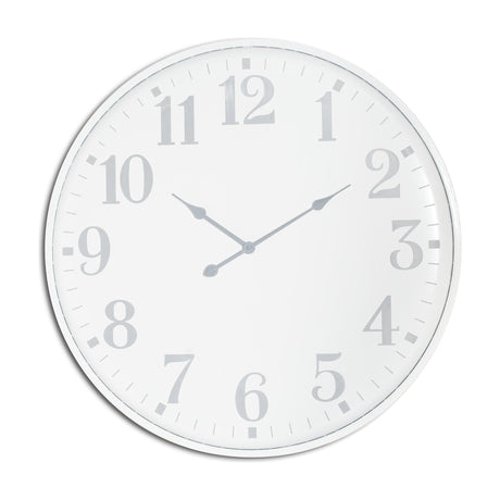 Hill Interiors large round metal wall clock in white with grey numerals and slim hands, shown against a plain background.