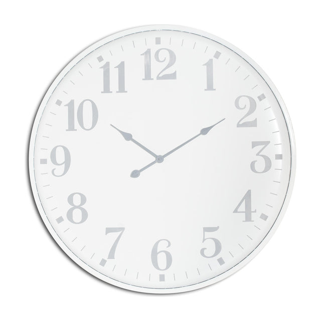 Hill Interiors large round metal wall clock in white with grey numerals and slim hands, shown against a plain background.