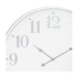 Close-up of the Hill Interiors Large Round Metal Wall Clock in white, showing the upper left face with grey numerals 9 to 12 and slim hands.