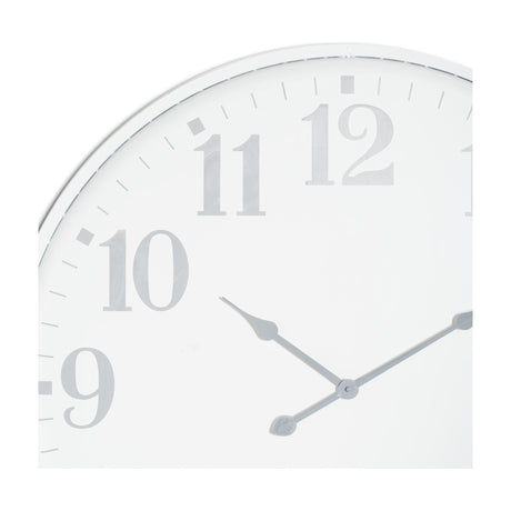 Close-up of the Hill Interiors Large Round Metal Wall Clock in white, showing the upper left face with grey numerals 9 to 12 and slim hands.