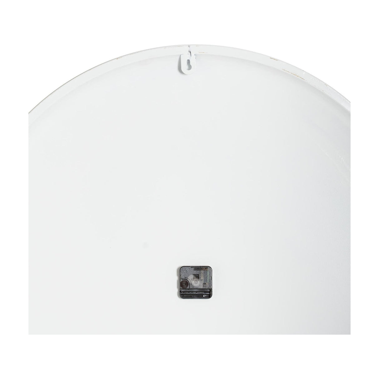 Rear view of Hill Interiors Large Round Metal Wall Clock in white, showing the keyhole fixing and central quartz movement housing.