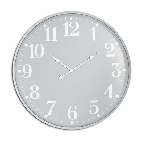 Hill Interiors large 80cm grey metal wall clock with white Arabic numerals and slim frame, shown on a plain white background.