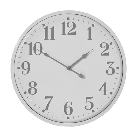 Hill Interiors Round Metal Wall Clock in white with grey Arabic numerals and slim metal frame, shown on a plain background.