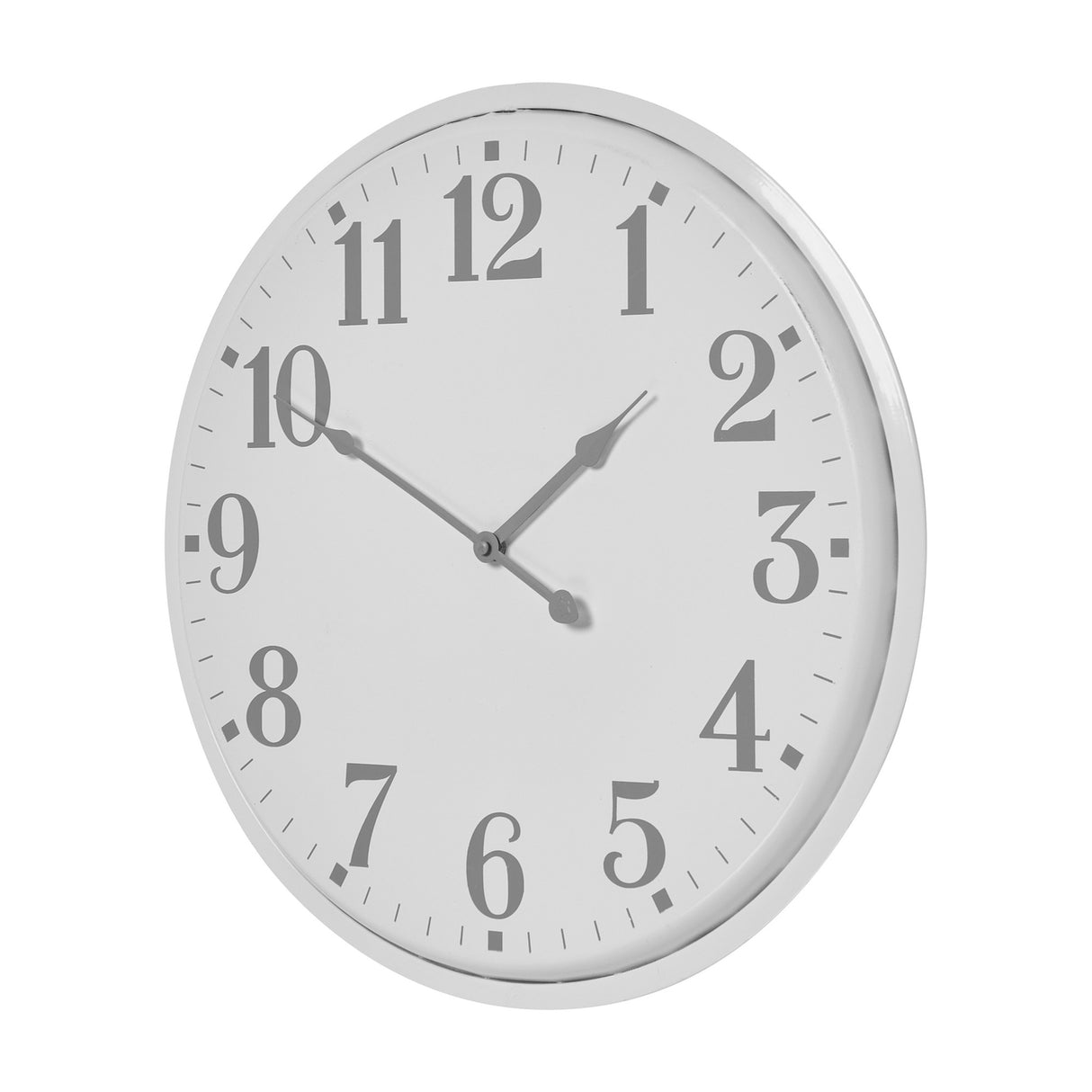 Hill Interiors Round Metal Wall Clock in white with grey numerals and slim hands, shown at an angle against a plain white background.