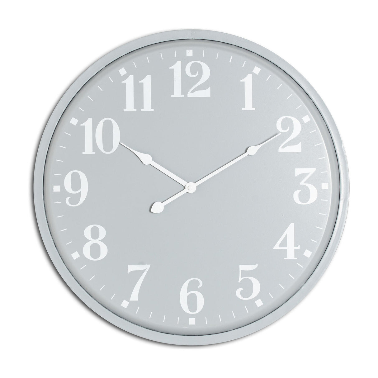 Hill Interiors Round Metal Wall Clock in grey with white Arabic numerals and slim metal frame, shown against a plain white background.
