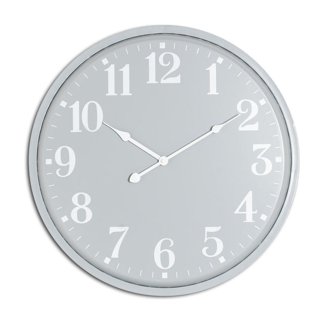 Hill Interiors Round Metal Wall Clock in grey with white Arabic numerals and slim metal frame, shown against a plain white background.