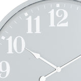 Close-up of Hill Interiors Round Metal Wall Clock in grey, showing white numerals 9 to 12 and slim white hands on a soft grey dial.