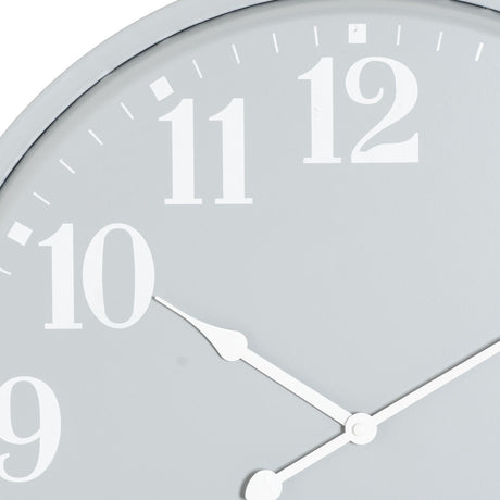 Close-up of Hill Interiors Round Metal Wall Clock in grey, showing white numerals 9 to 12 and slim white hands on a soft grey dial.