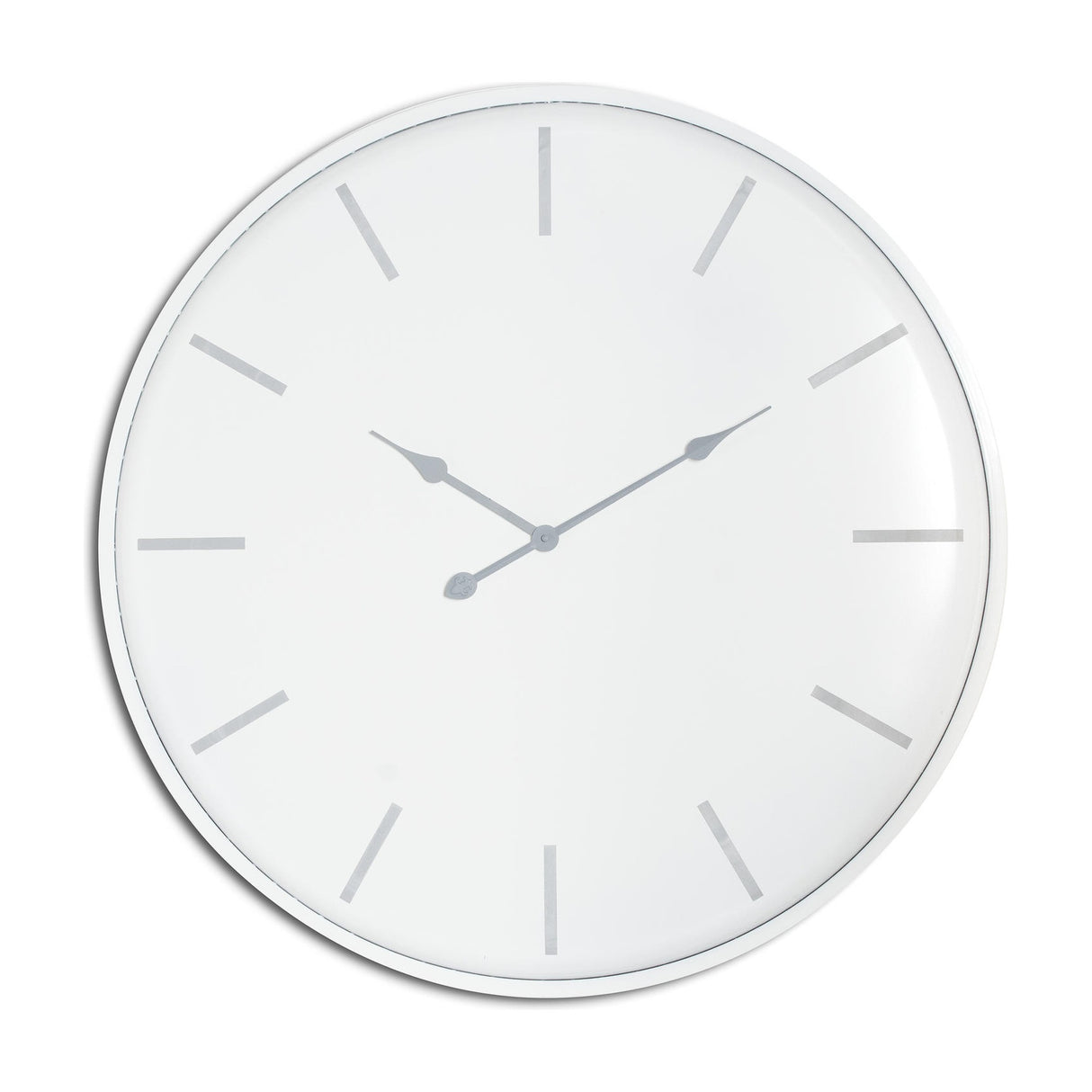 Hill Interiors large round metal wall clock in white with slim silver hour markers and hands on a plain white background.