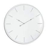 Hill Interiors large round metal wall clock in white with slim silver hour markers and hands on a plain white background.