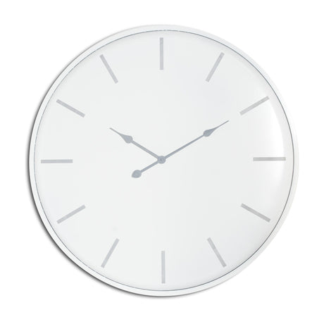 Hill Interiors large round metal wall clock in white with slim silver hour markers and hands on a plain white background.