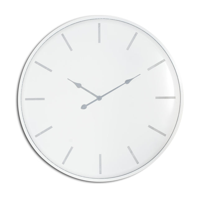 Hill Interiors large round metal wall clock in white with slim silver hour markers and hands on a plain white background.