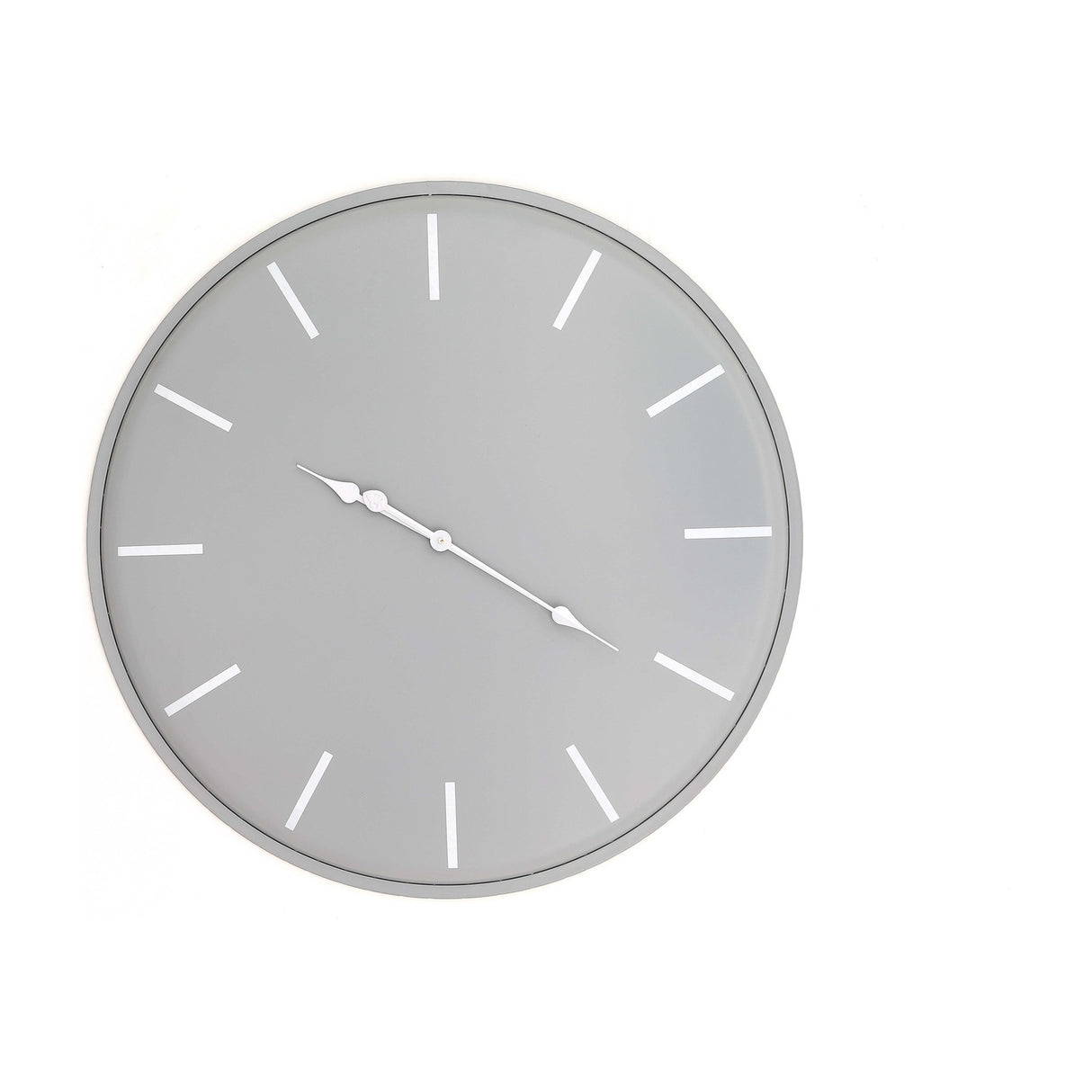 Hill Interiors Large Round Metal Wall Clock in grey with white baton markers and slim hands, shown on a plain white background.