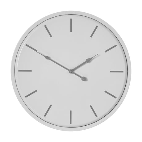 Hill Interiors Round Metal Wall Clock in white with slim grey hour markers and hands on a plain background.