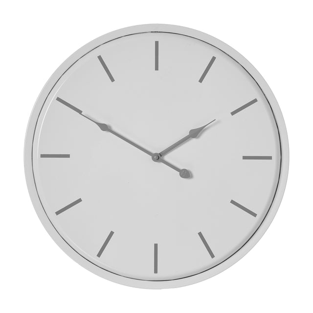 Hill Interiors Round Metal Wall Clock in white with slim grey hour markers and hands on a plain background.