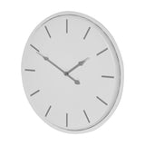 Hill Interiors Round Metal Wall Clock in white with slim grey hour markers and hands, shown at an angle on a plain background.