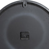 Back of Hill Interiors Round Metal Wall Clock in grey, showing the keyhole hanger at the top and central quartz movement housing.