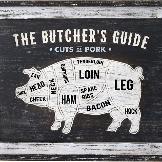 Hill Interiors Pork Cuts wall plaque in white on a dark wooden panel, showing a labelled pig diagram with butcher's guide text in a rustic frame.