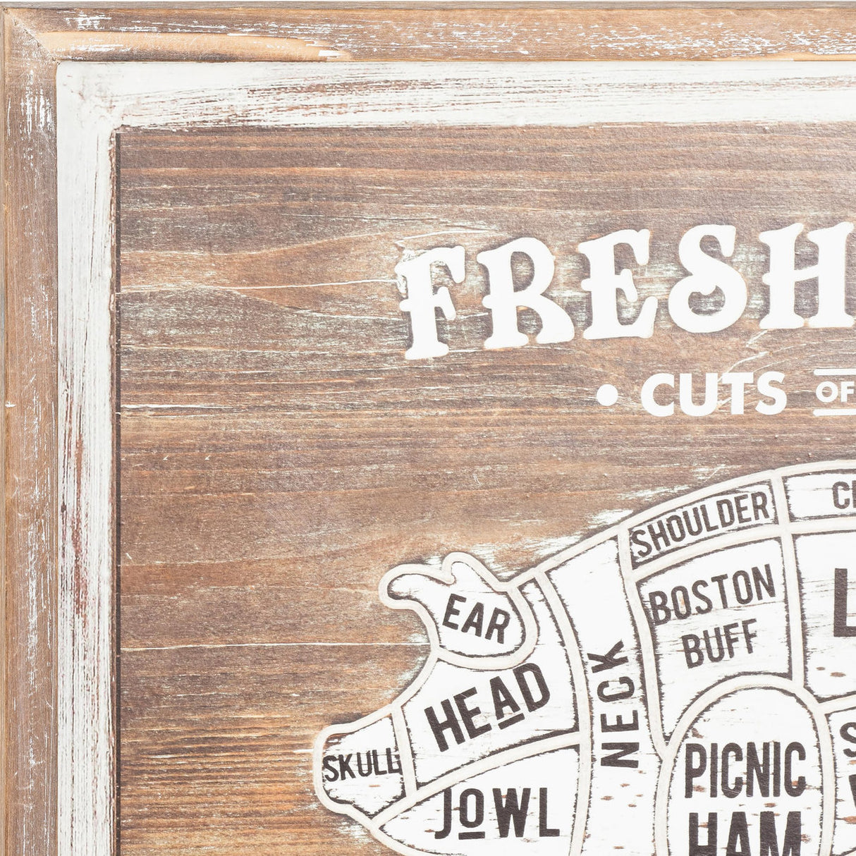 Close-up of Hill Interiors Pork Cuts wall plaque showing the whitewashed wooden frame, printed "Fresh Cuts" lettering and labelled pig diagram sections.