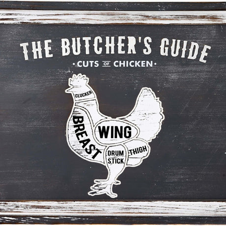 Hill Interiors Chicken Cuts wooden wall plaque with distressed white frame, black centre and illustrated hen labelled with breast, wing, thigh and drumstick.