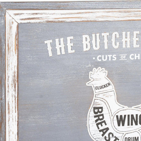 Close-up of Hill Interiors Chicken Cuts wooden wall plaque showing distressed grey frame, white raised "The Butcher" lettering and illustrated chicken diagram.