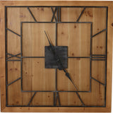Hill Interiors Square Wooden Wall Clock in brown with a wood-panelled face, black metal Roman numerals and central square hub.