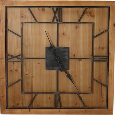 Hill Interiors Square Wooden Wall Clock in brown with a wood-panelled face, black metal Roman numerals and central square hub.