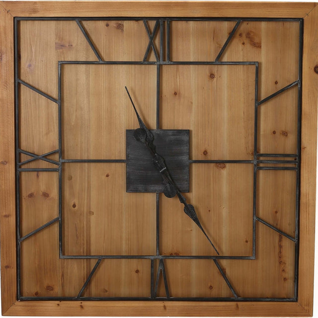 Hill Interiors Square Wooden Wall Clock in brown with a wood-panelled face, black metal Roman numerals and central square hub.