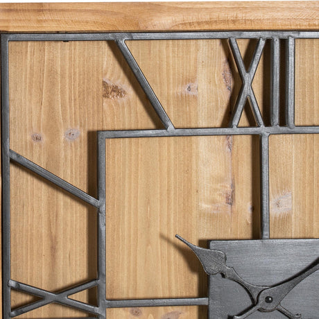 Close-up of Hill Interiors Square Wooden Wall Clock in brown, showing the wooden-toned face, metal geometric frame detailing, and Roman numeral XII.