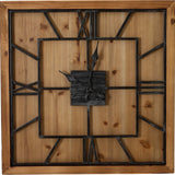 Hill Interiors large square wall clock with a brown wood-effect frame, black metal Roman numerals and hands, set against a natural wood-grain face.