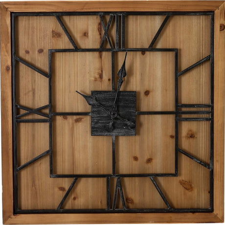 Hill Interiors large square wall clock with a brown wood-effect frame, black metal Roman numerals and hands, set against a natural wood-grain face.