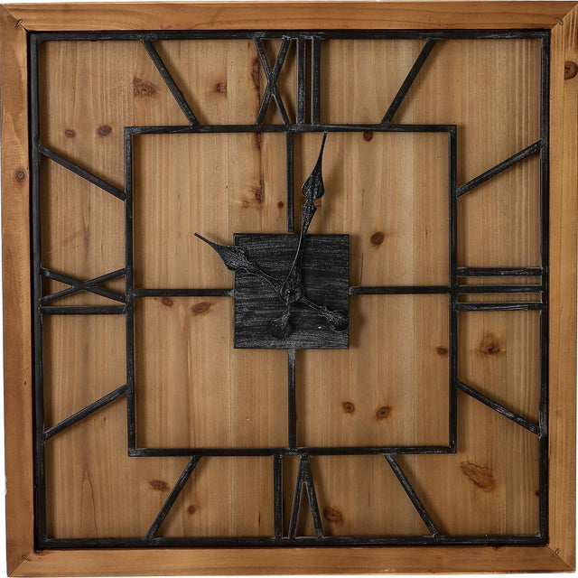 Hill Interiors large square wall clock with a brown wood-effect frame, black metal Roman numerals and hands, set against a natural wood-grain face.